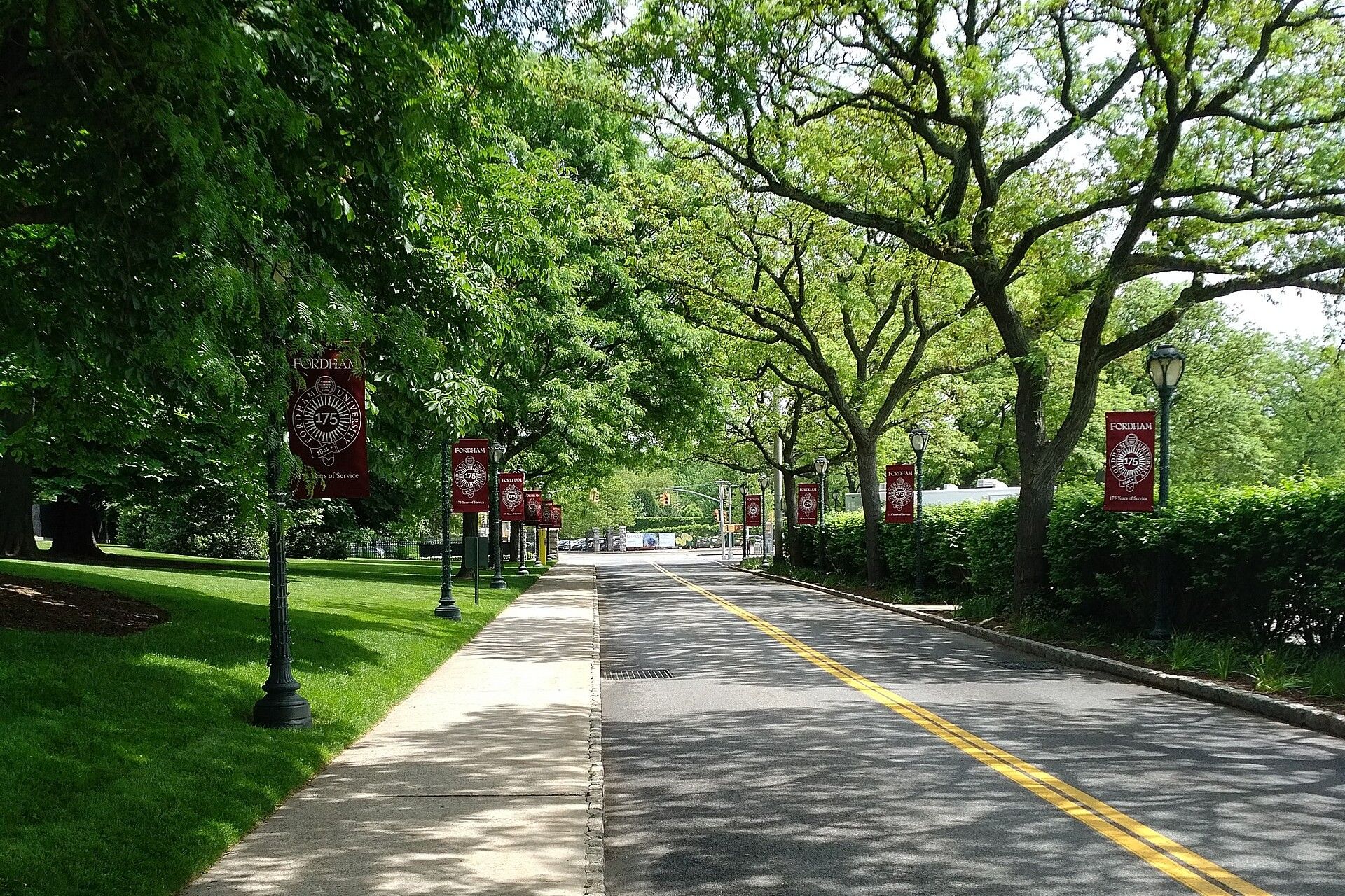 A tree lined road and footpath leading into the Rose Hill campus of Fordham University, whose students Richard Joseph Spinelli houses, with banners on the lamp posts