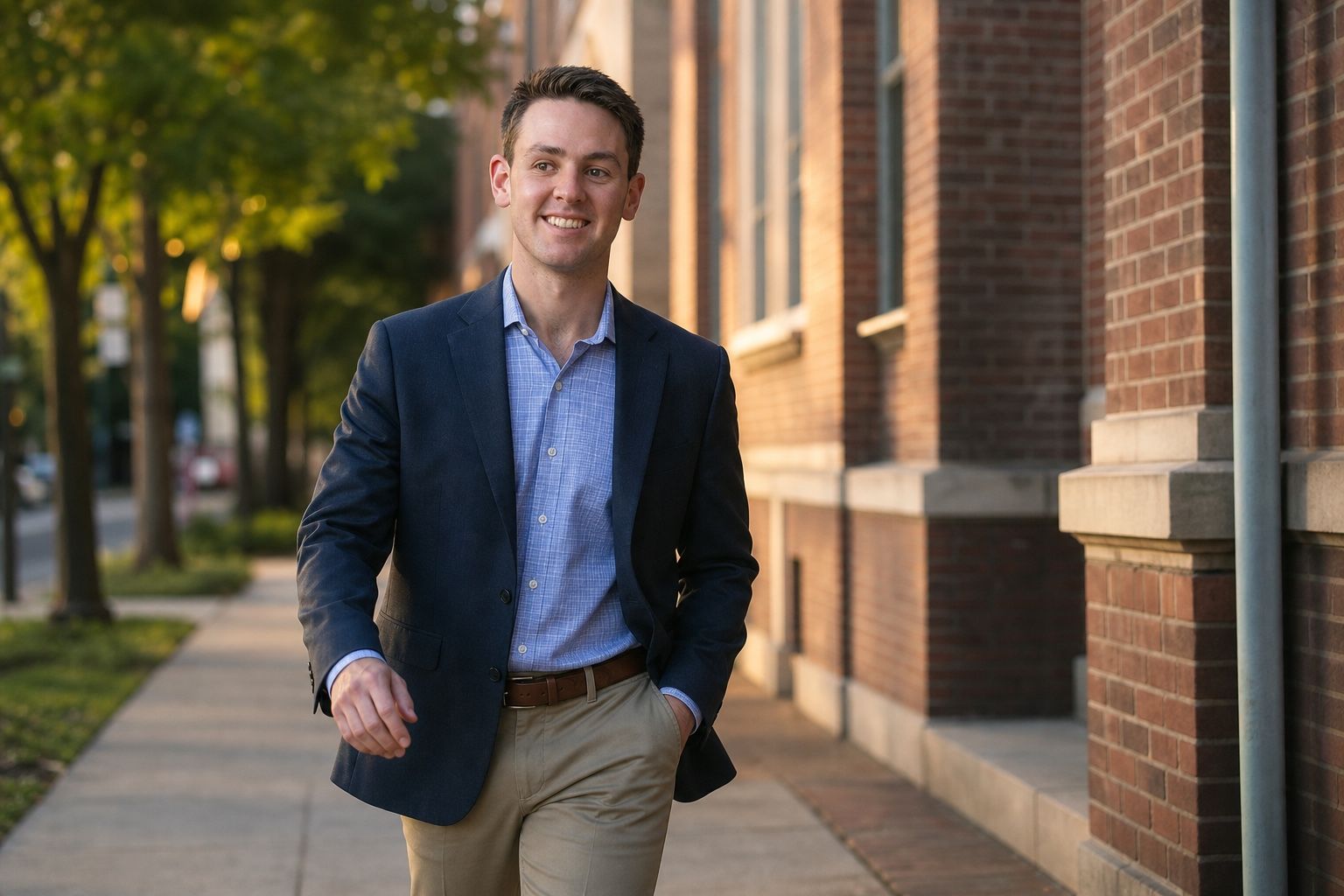 Richard Joseph Spinelli walking along a sidewalk beside a red brick building on a tree lined street, in a navy jacket and blue checked shirt